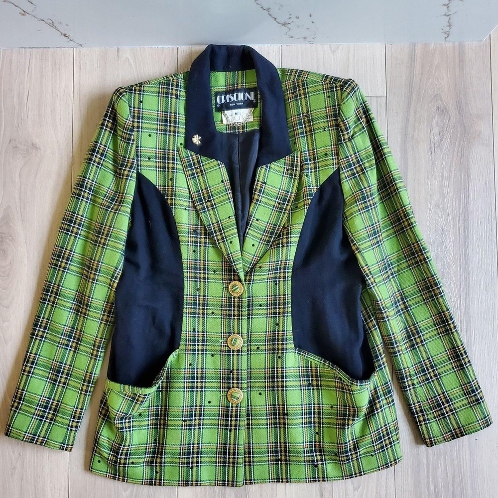 Criscione Blazer Womens M Green Plaid USA Shoulder Pad Clueless Preppy Jacket